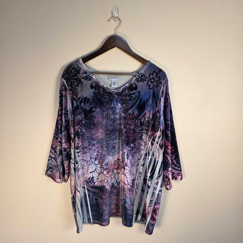 Catherines Top Womens 2X Purple Velvet Rhinestone Floral 3/4 Sleeve Boho Plus
